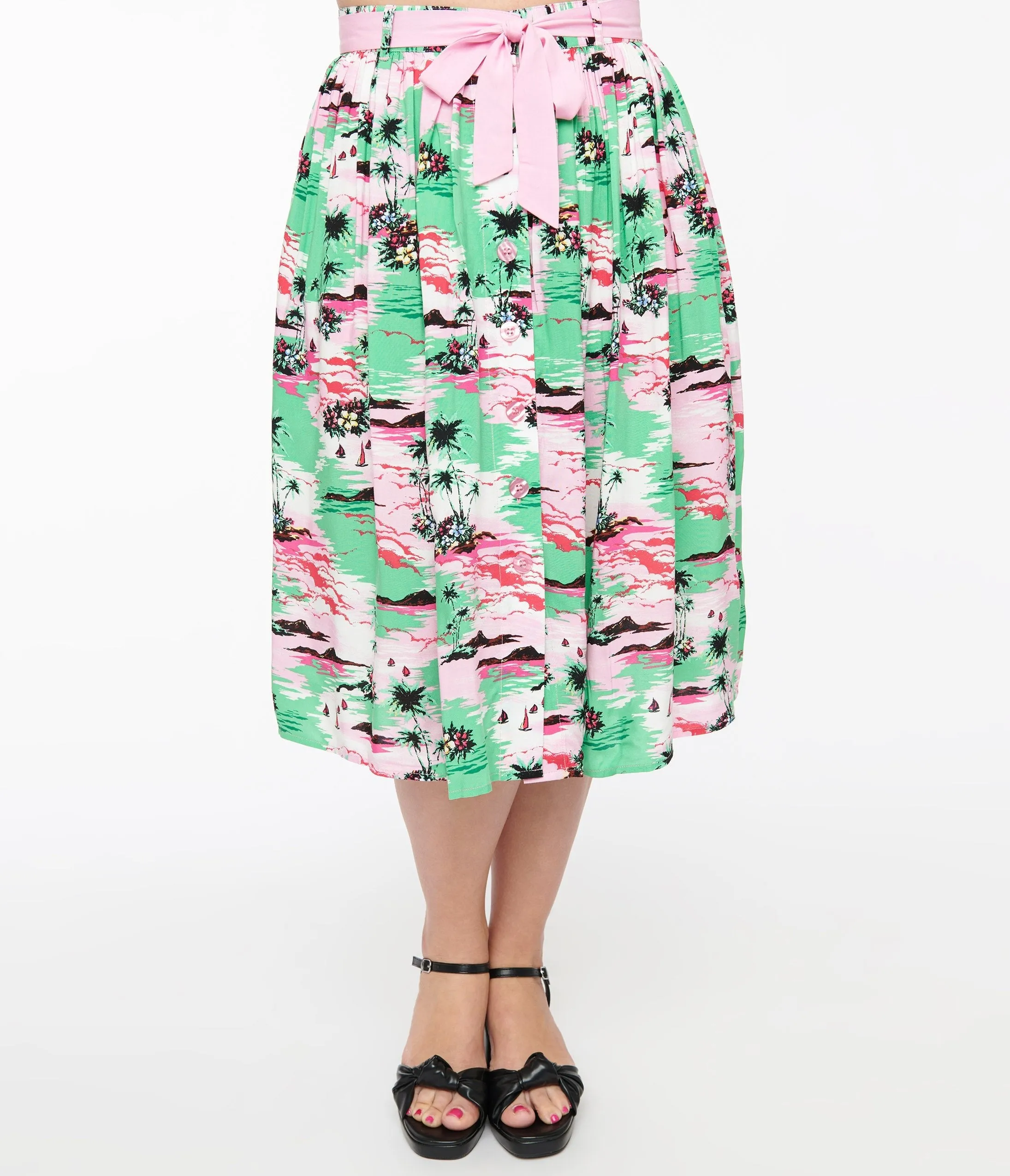 Hell Bunny Pink & Green Tropical Print Midi Skirt