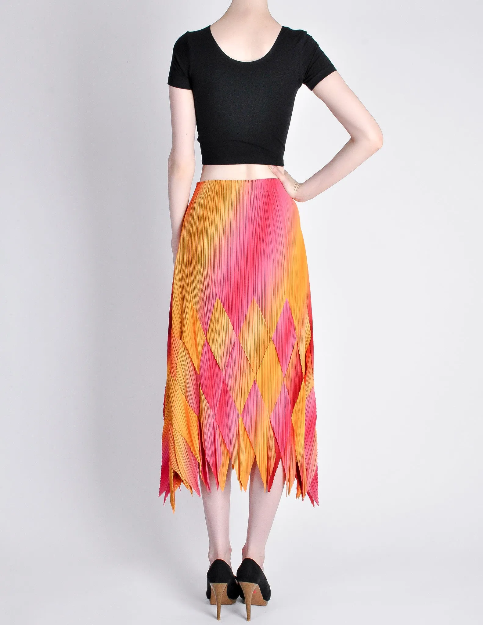 Issey Miyake Fète Vintage Pink and Yellow Harlequin Pleated Skirt