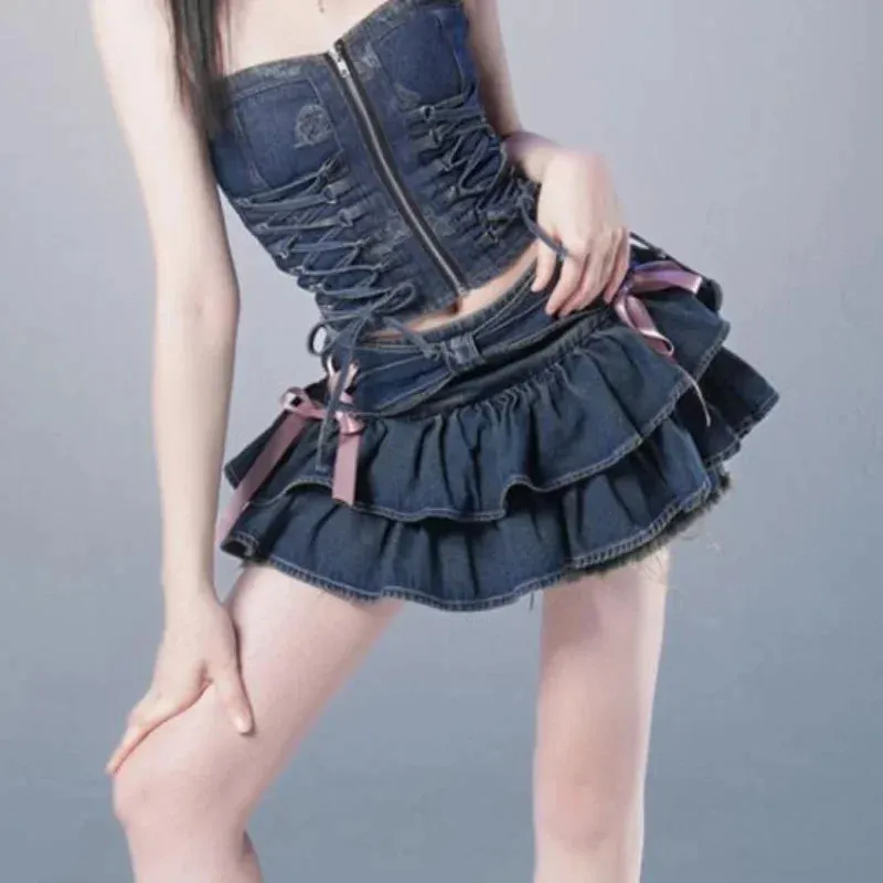 Kawaii Ruffles Y2K Denim Mini Skirt