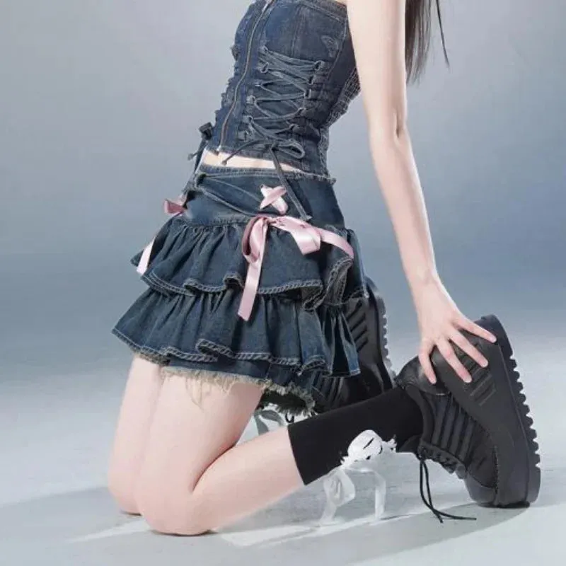 Kawaii Ruffles Y2K Denim Mini Skirt