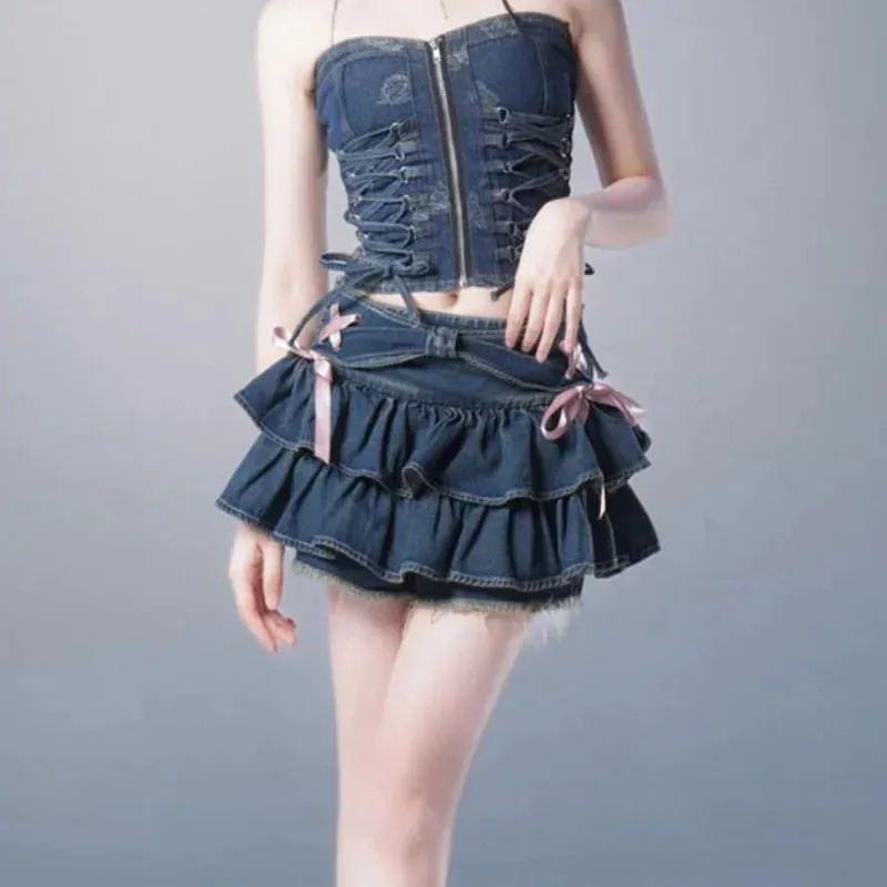 Kawaii Ruffles Y2K Denim Mini Skirt