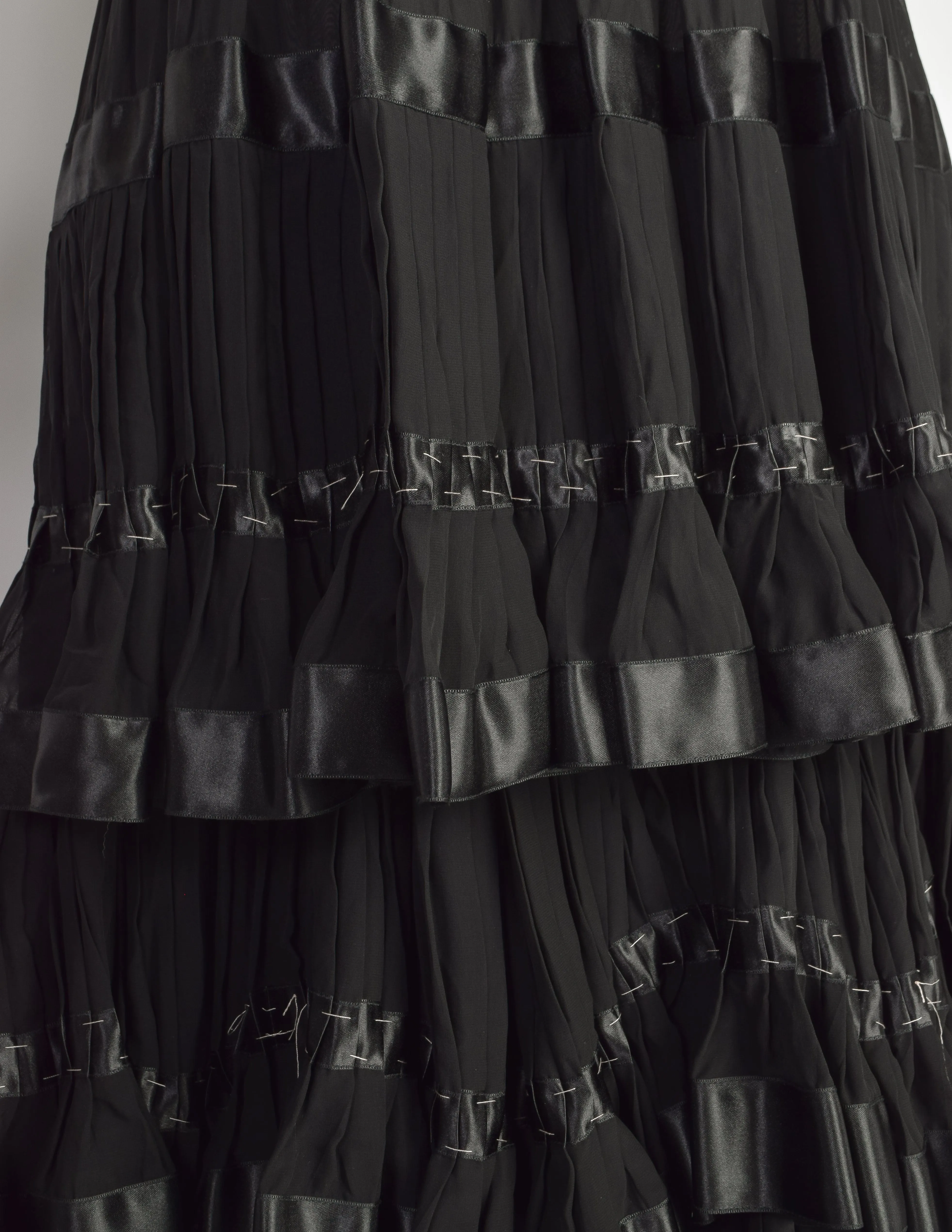 Kenzo Vintage 1980s Black Pleated Silk Chiffon Tiered Dramatic Full Length Skirt