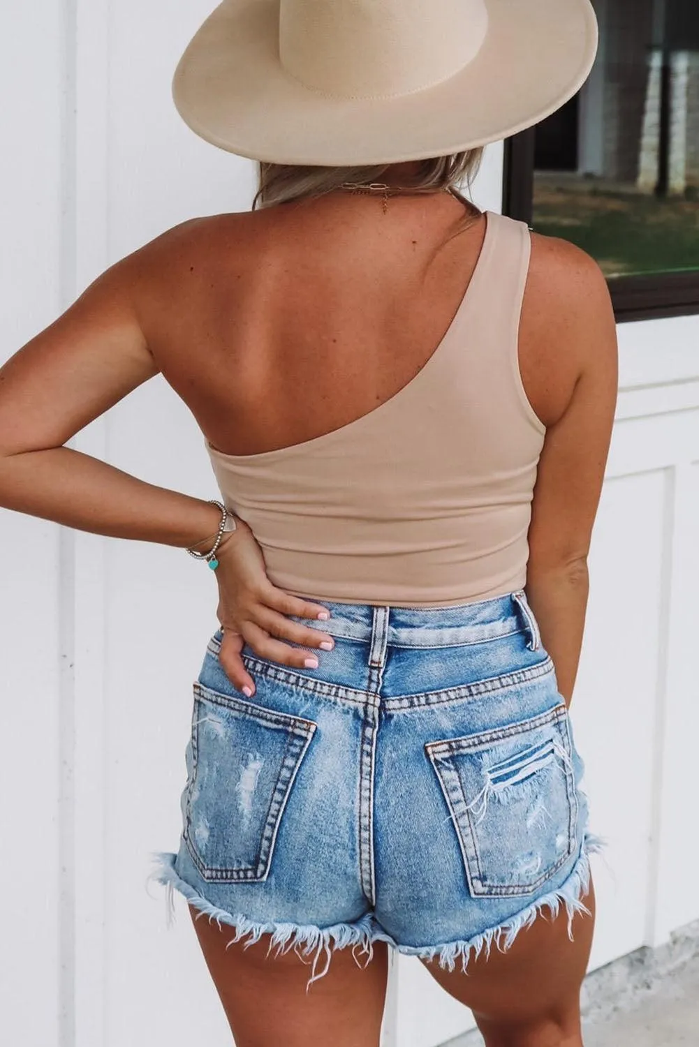 Khaki One Shoulder Side Tie Sleeveless Crop Top