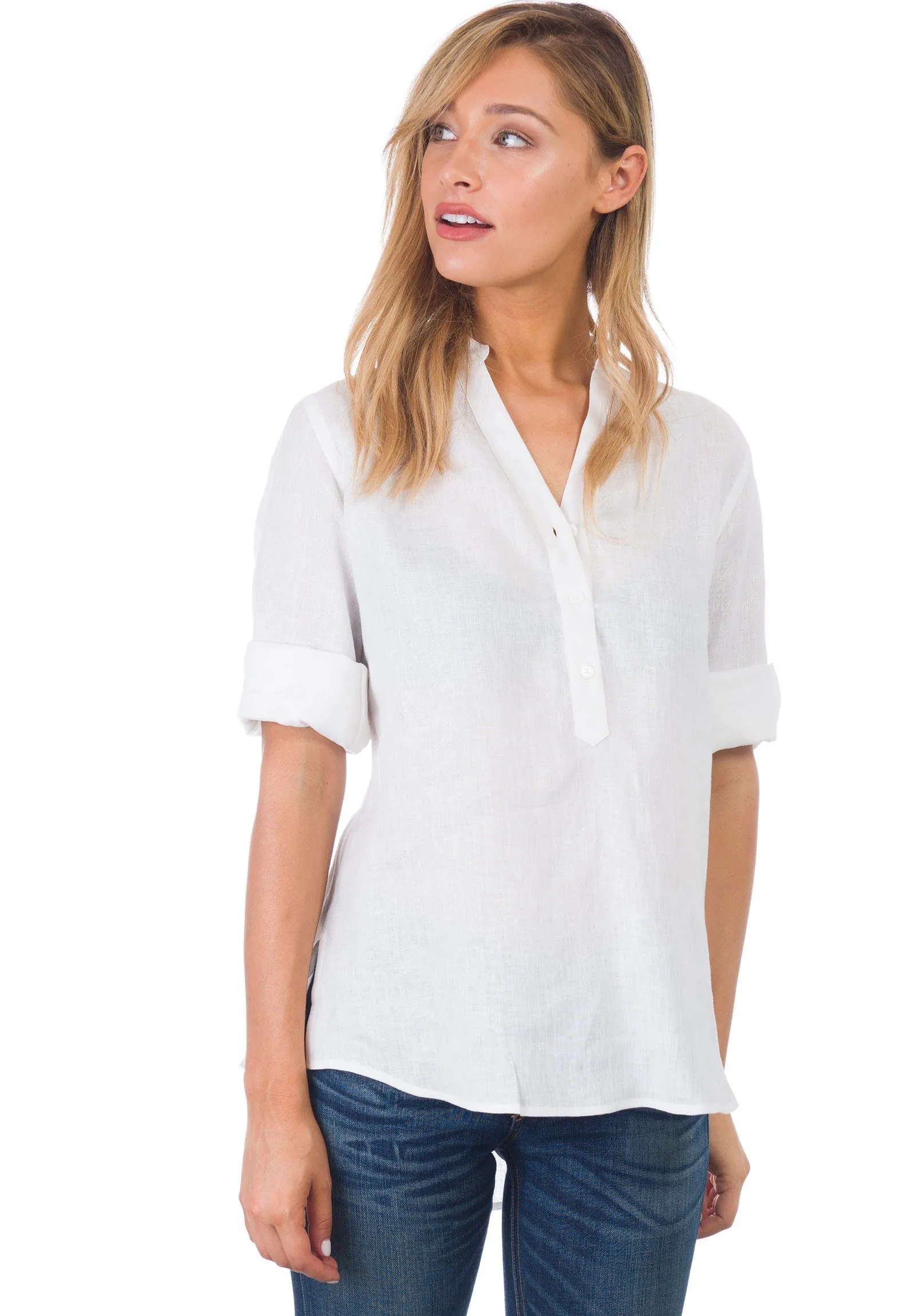 Kim, White Pop-Over Linen Tunic Shirt