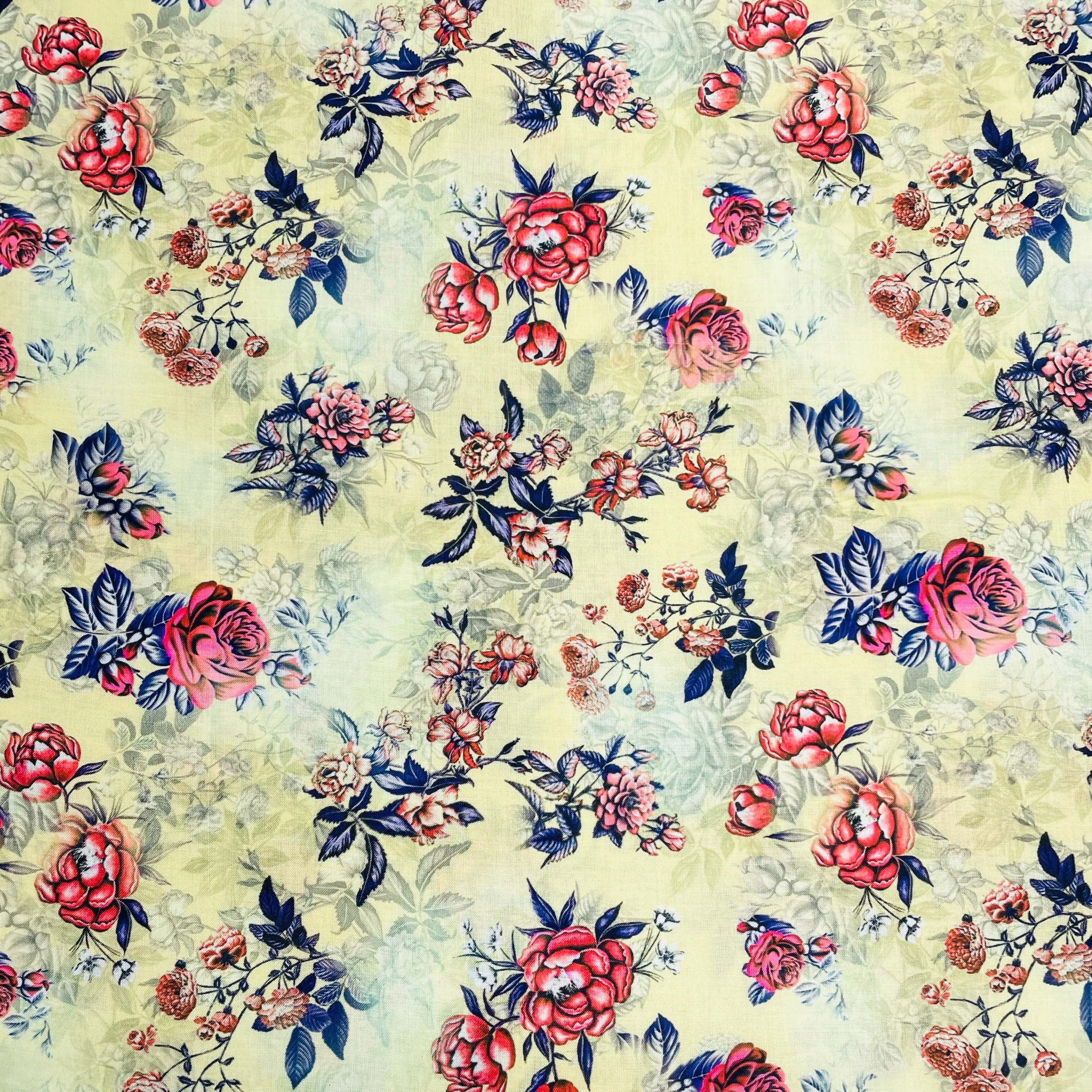 Light Yellow & Pink Floral Print Lawn Cotton Fabric