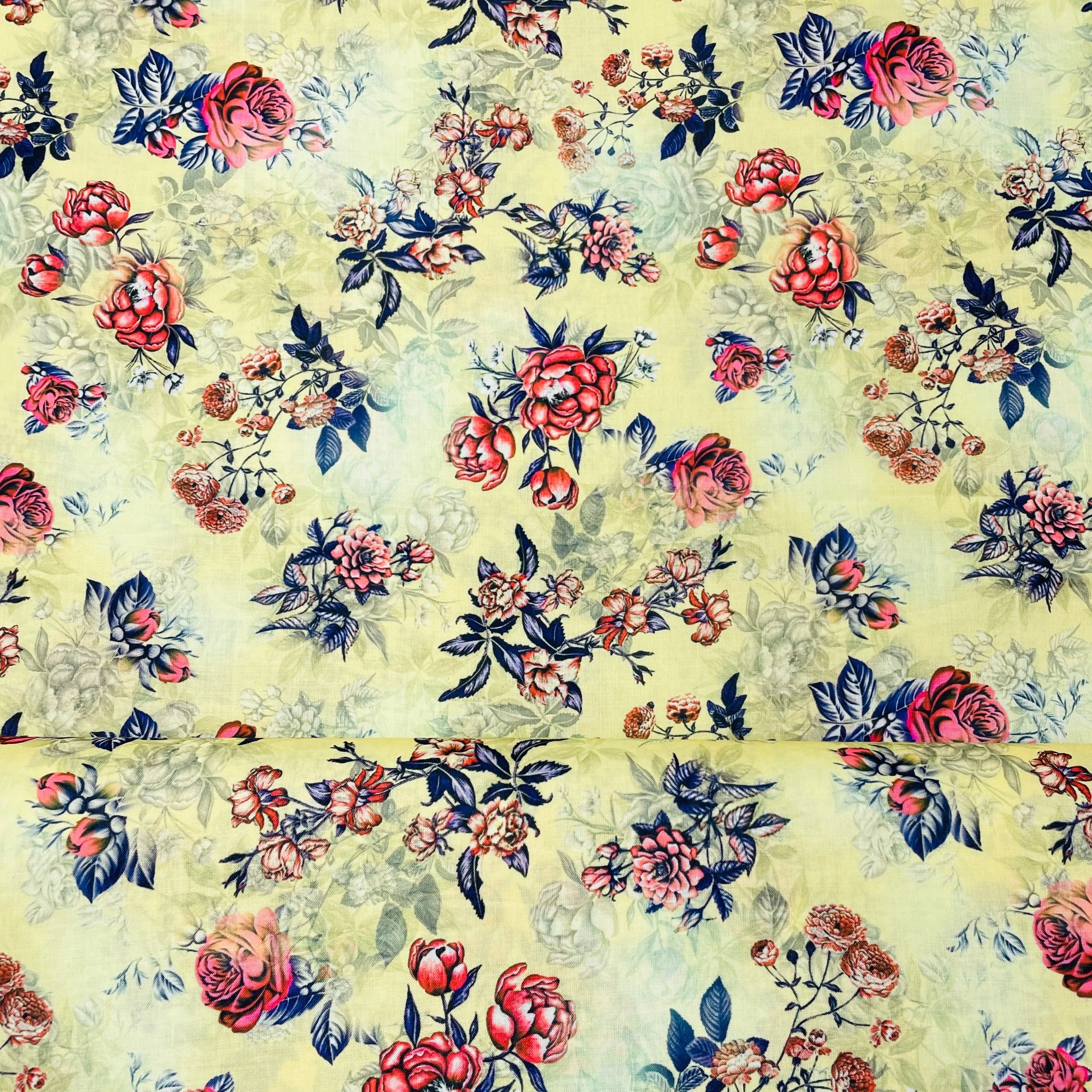 Light Yellow & Pink Floral Print Lawn Cotton Fabric