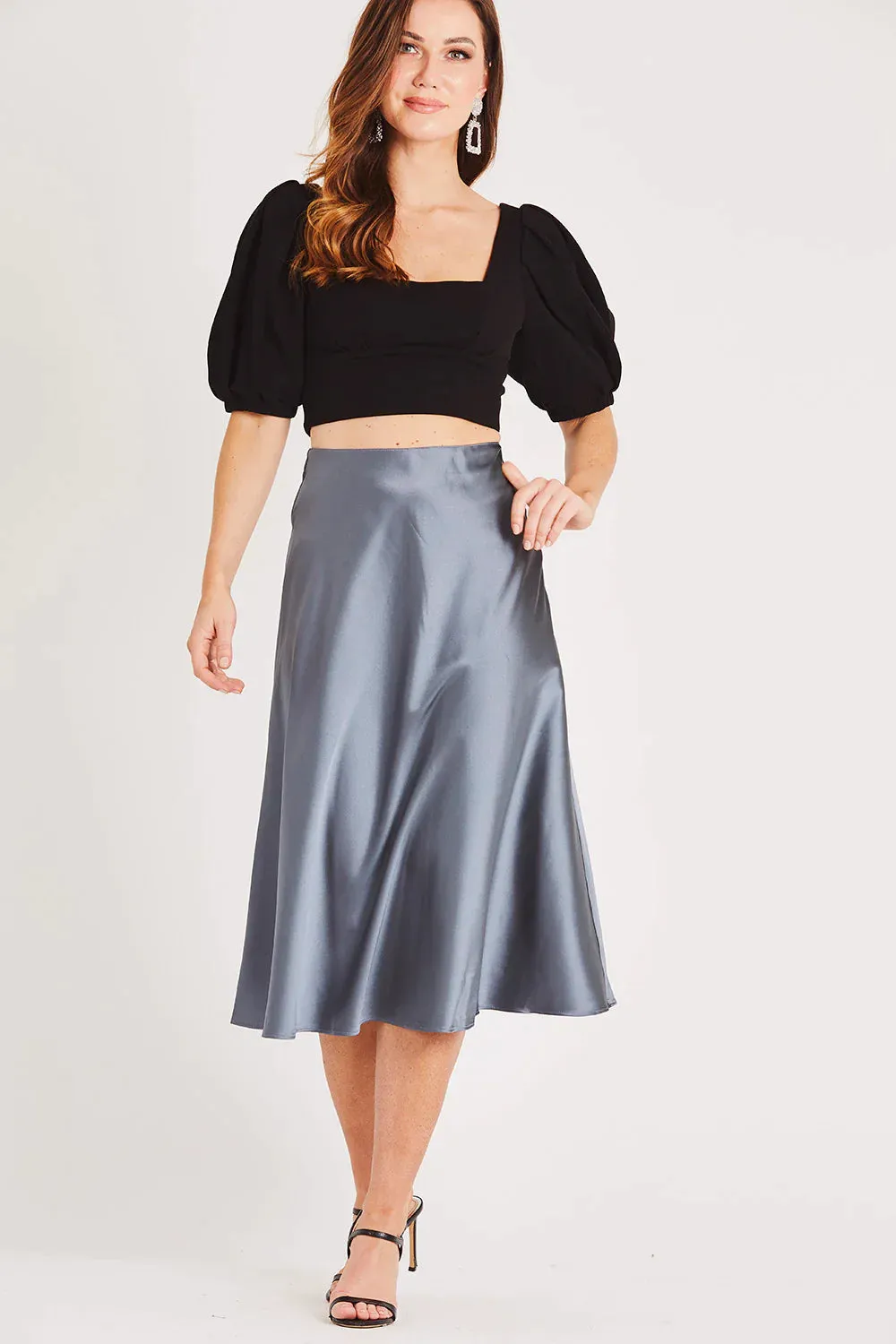 MERA GREY BLUE FLOWY SATIN SKIRT