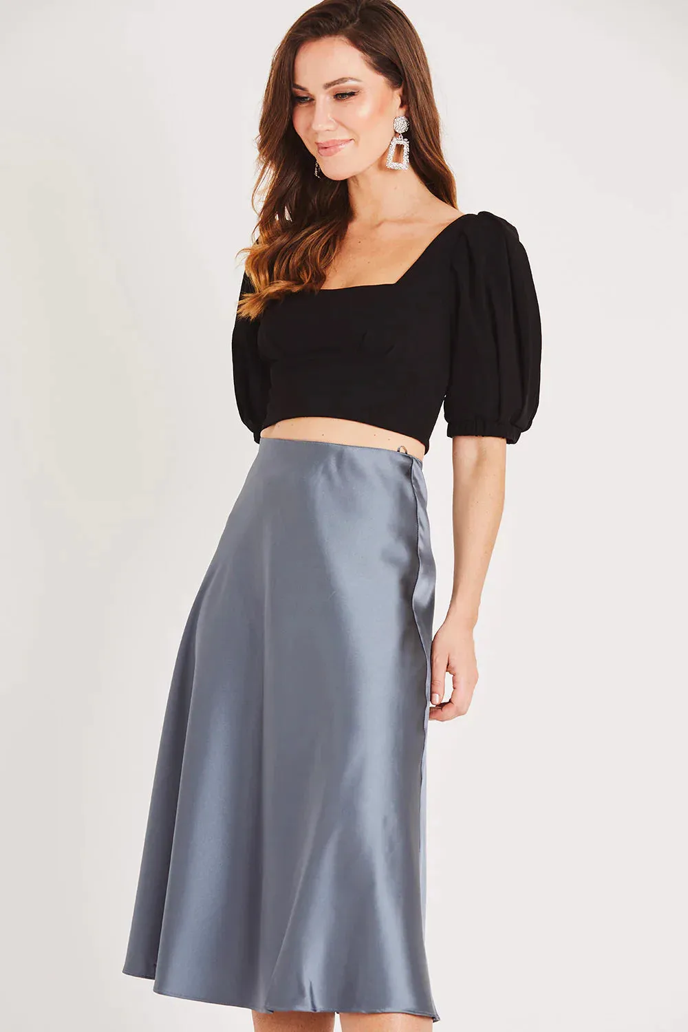 MERA GREY BLUE FLOWY SATIN SKIRT