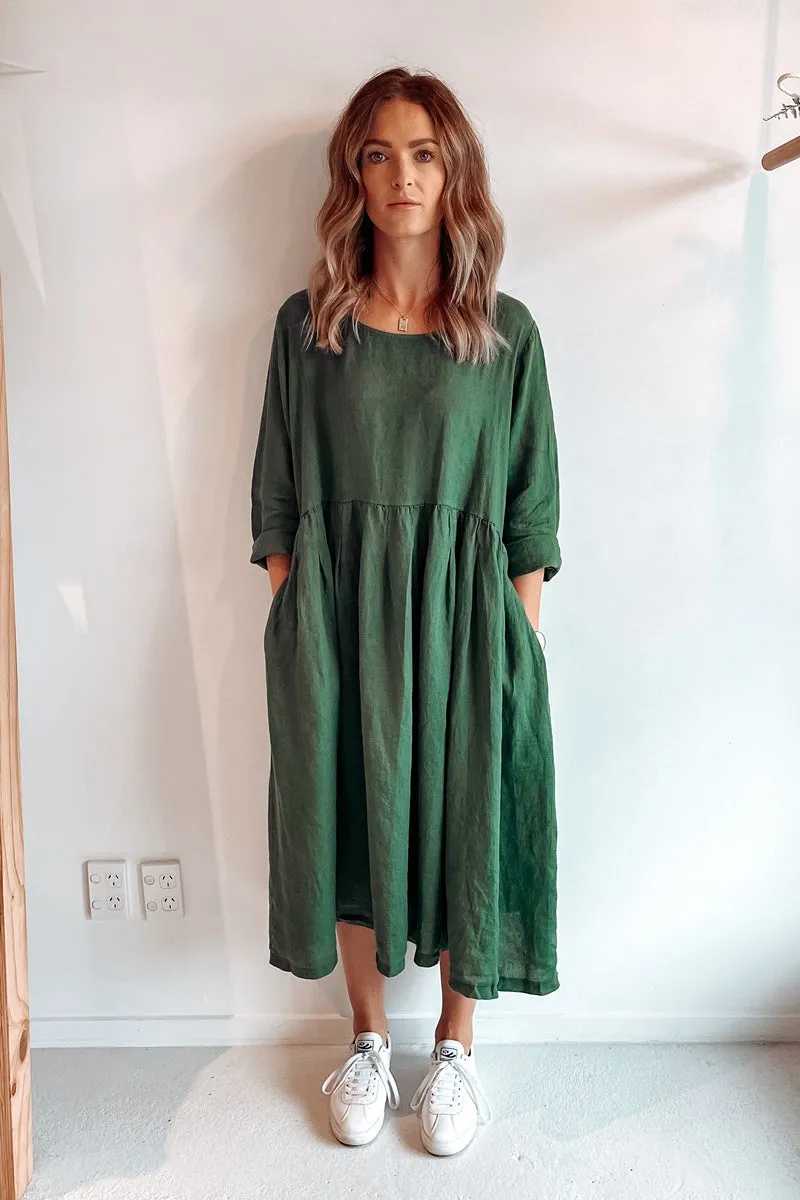 Montaigne Paris - Baggy Linen Dress - Forest Green