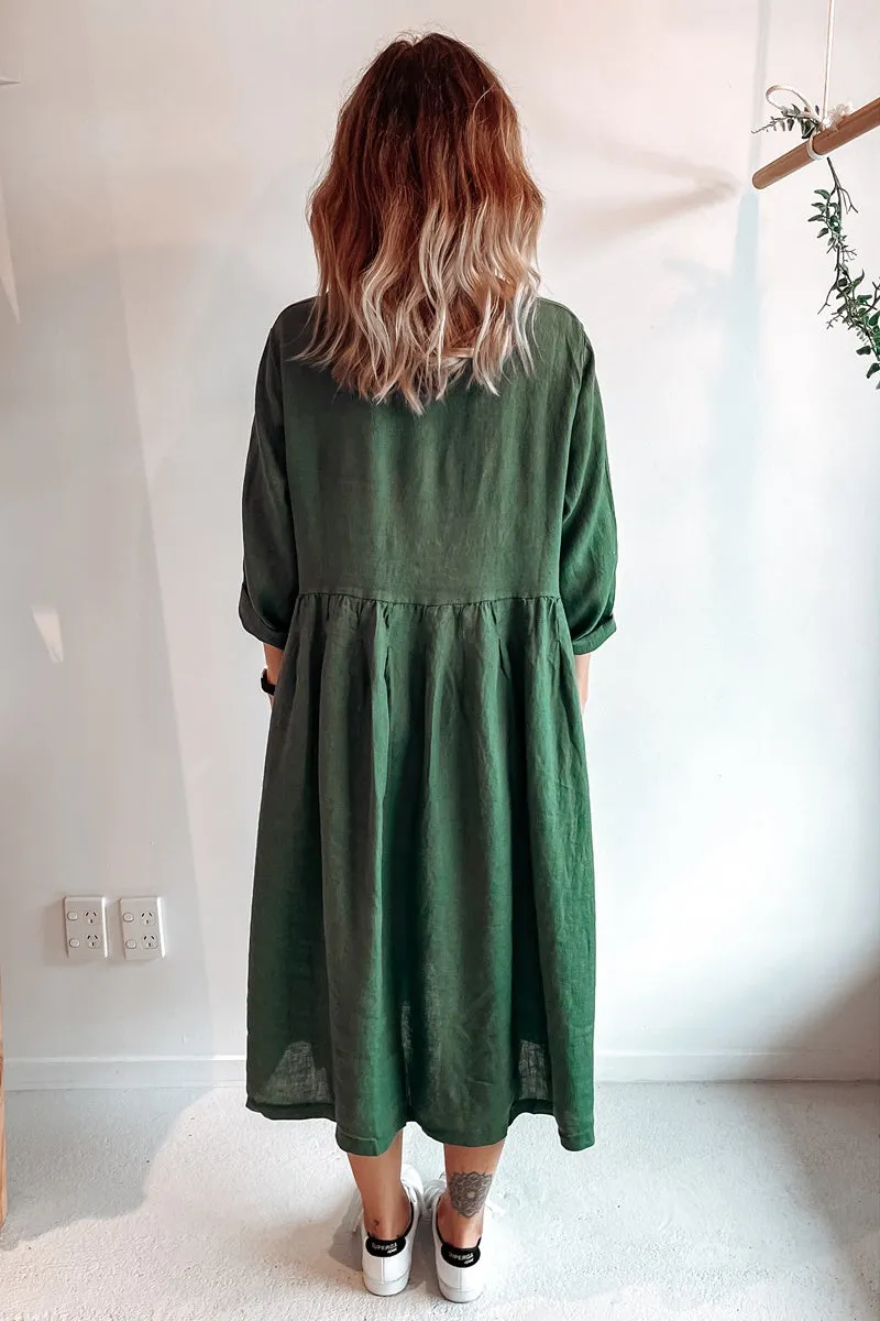 Montaigne Paris - Baggy Linen Dress - Forest Green