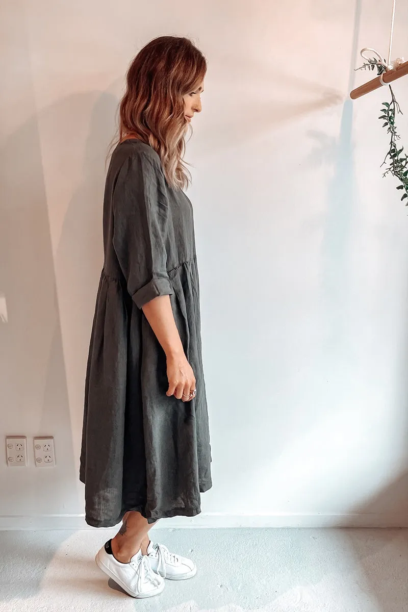 Montaigne Paris - Baggy Linen Dress -  Petrol