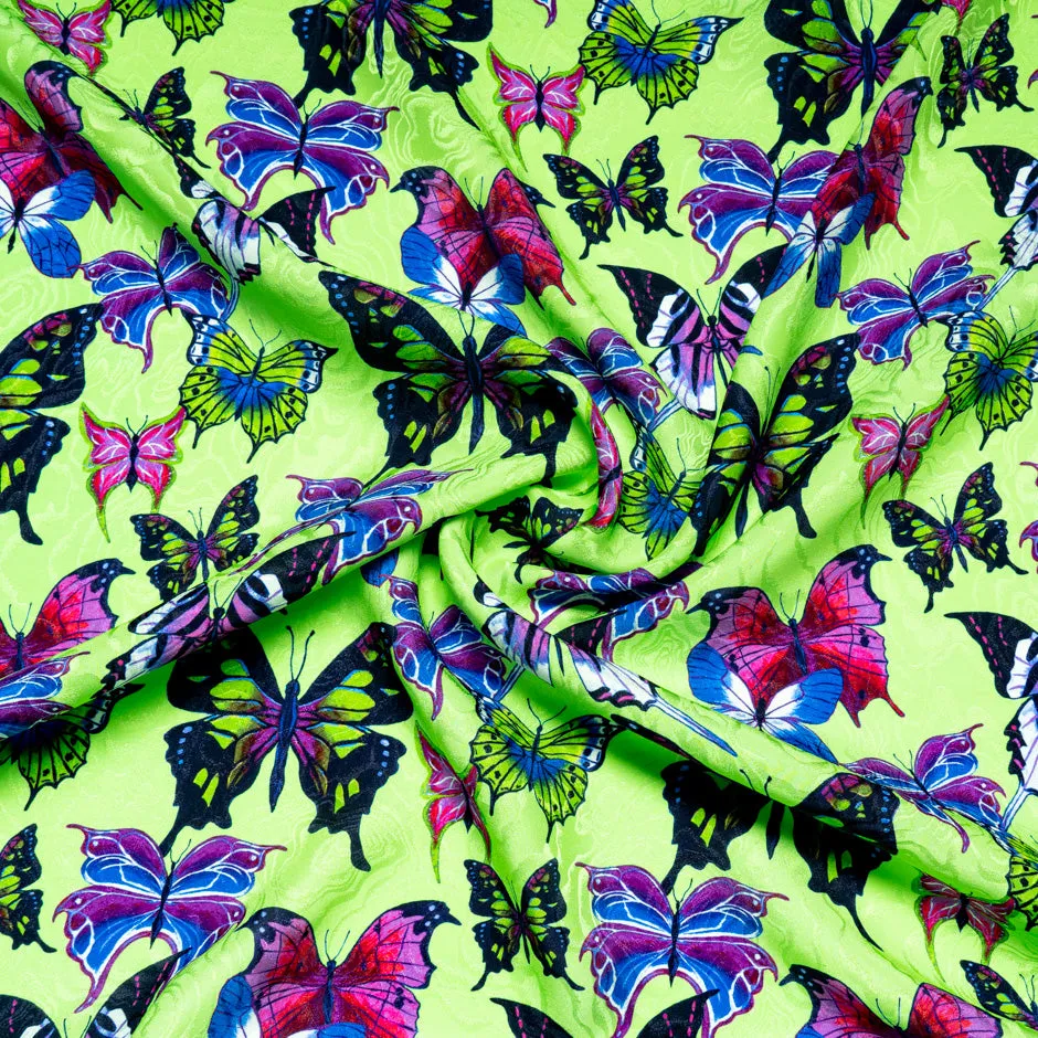 Multi-Coloured Butterfly Printed Green Silk Jacquard