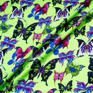 Multi-Coloured Butterfly Printed Green Silk Jacquard