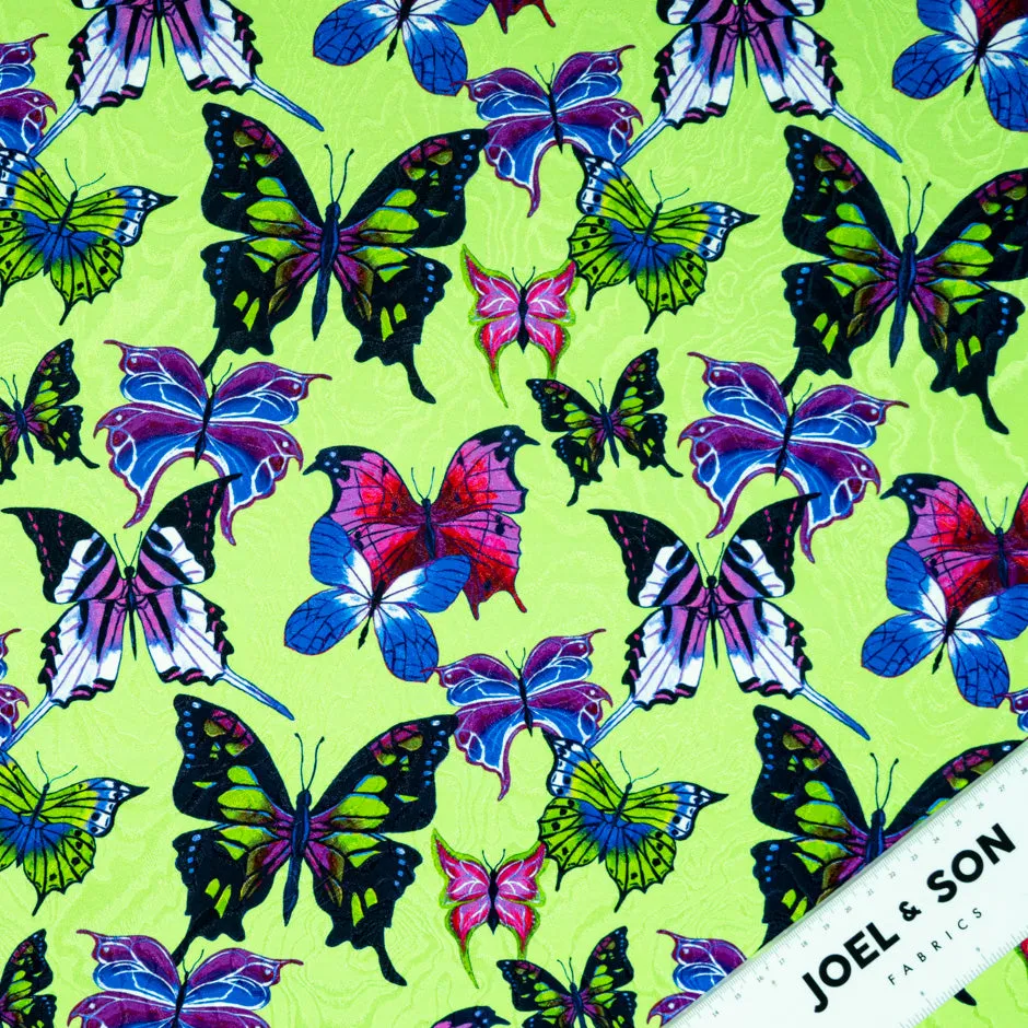 Multi-Coloured Butterfly Printed Green Silk Jacquard