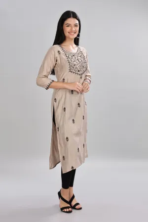 Mythri Round Neck Embroidered Kurta With 3/4th Sleeve  - Beige - KU13