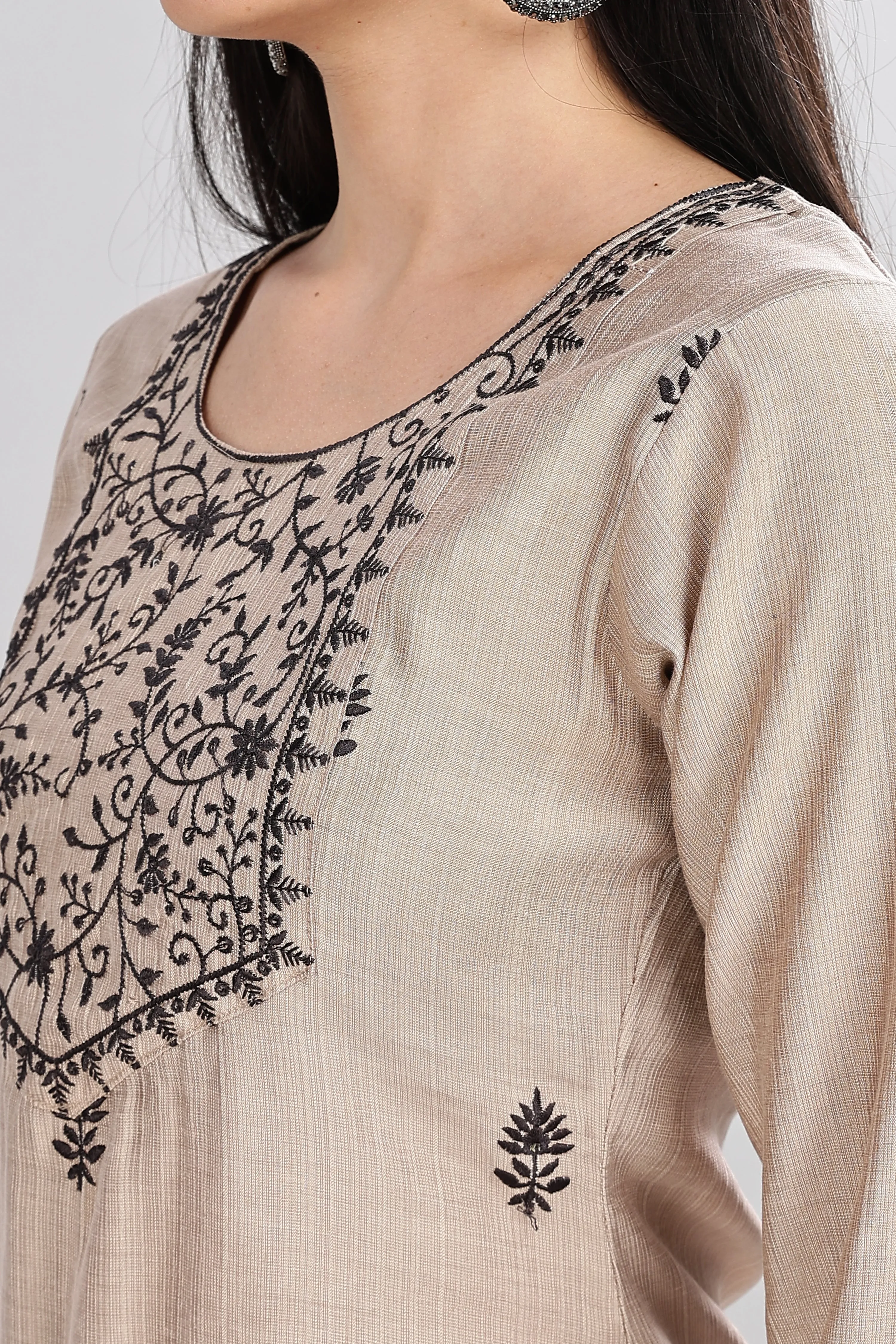 Mythri Round Neck Embroidered Kurta With 3/4th Sleeve  - Beige - KU13