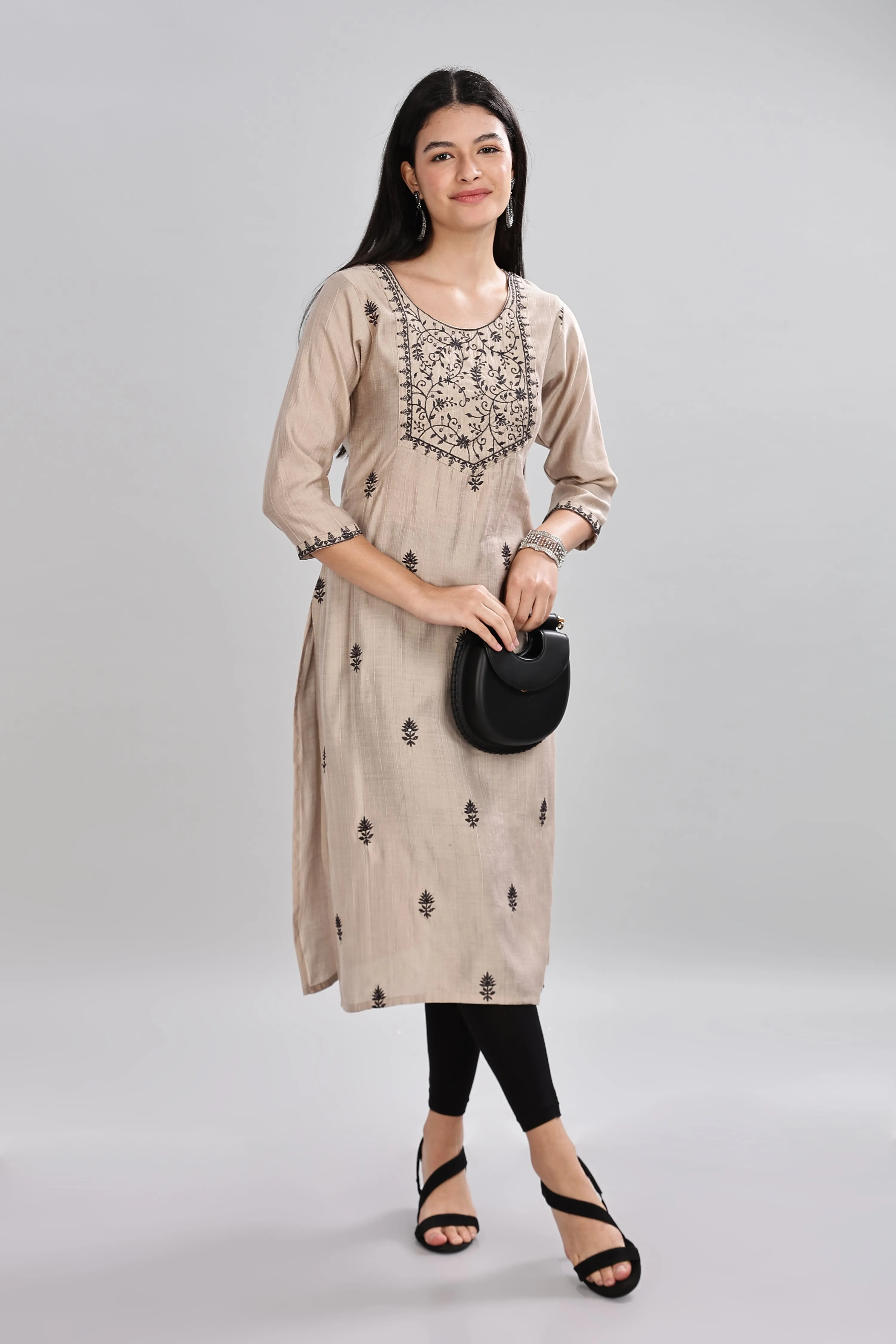 Mythri Round Neck Embroidered Kurta With 3/4th Sleeve  - Beige - KU13