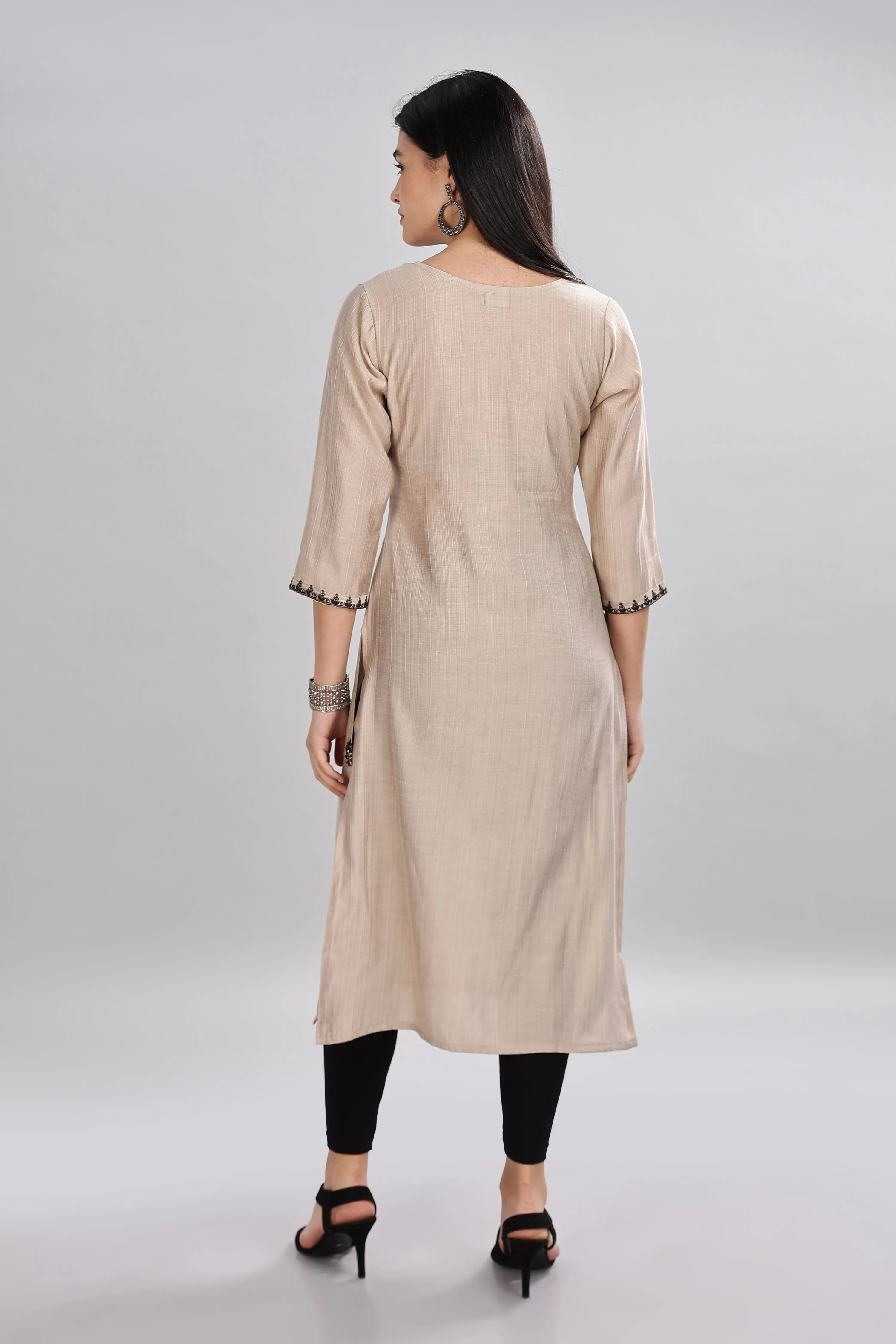 Mythri Round Neck Embroidered Kurta With 3/4th Sleeve  - Beige - KU13