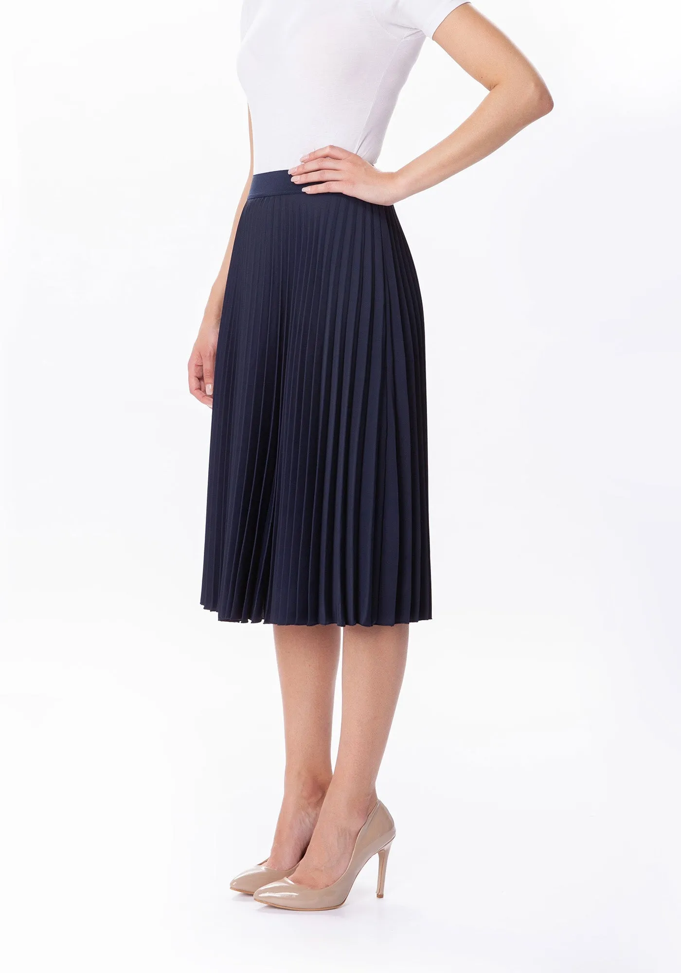 Navy Blue Pleated Midi Skirt with Elastic Waistband