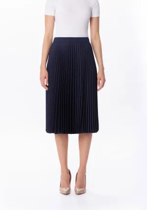 Navy Blue Pleated Midi Skirt with Elastic Waistband