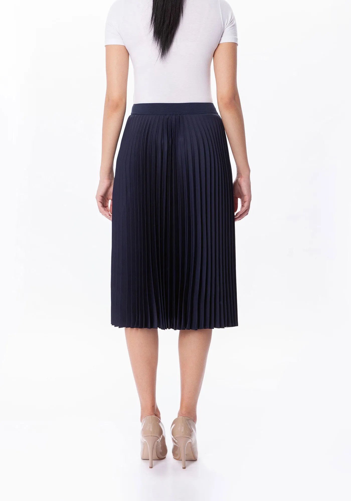 Navy Blue Pleated Midi Skirt with Elastic Waistband