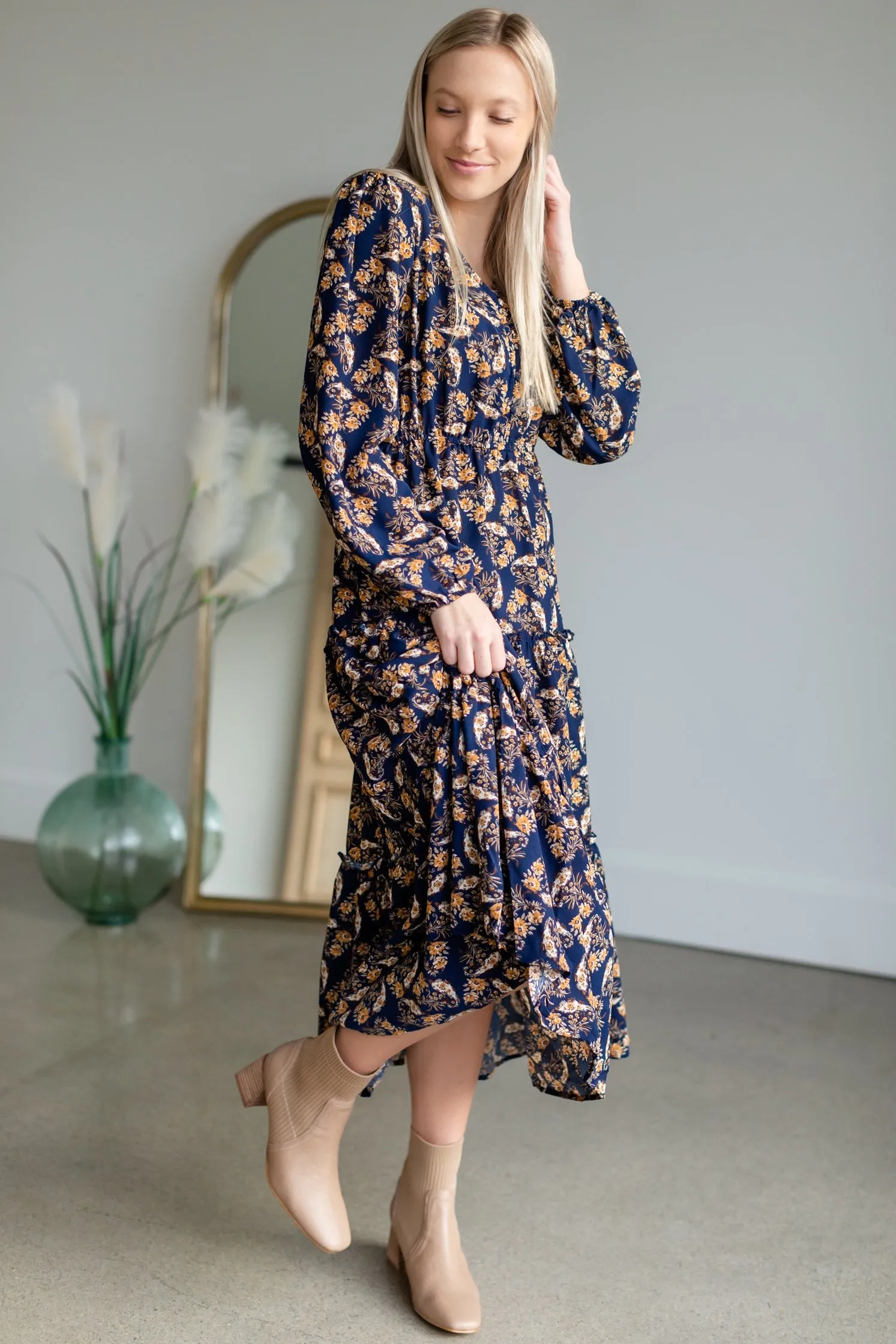 Navy V-Neck Floral Paisley Print Long Sleeve Dress - FINAL SALE