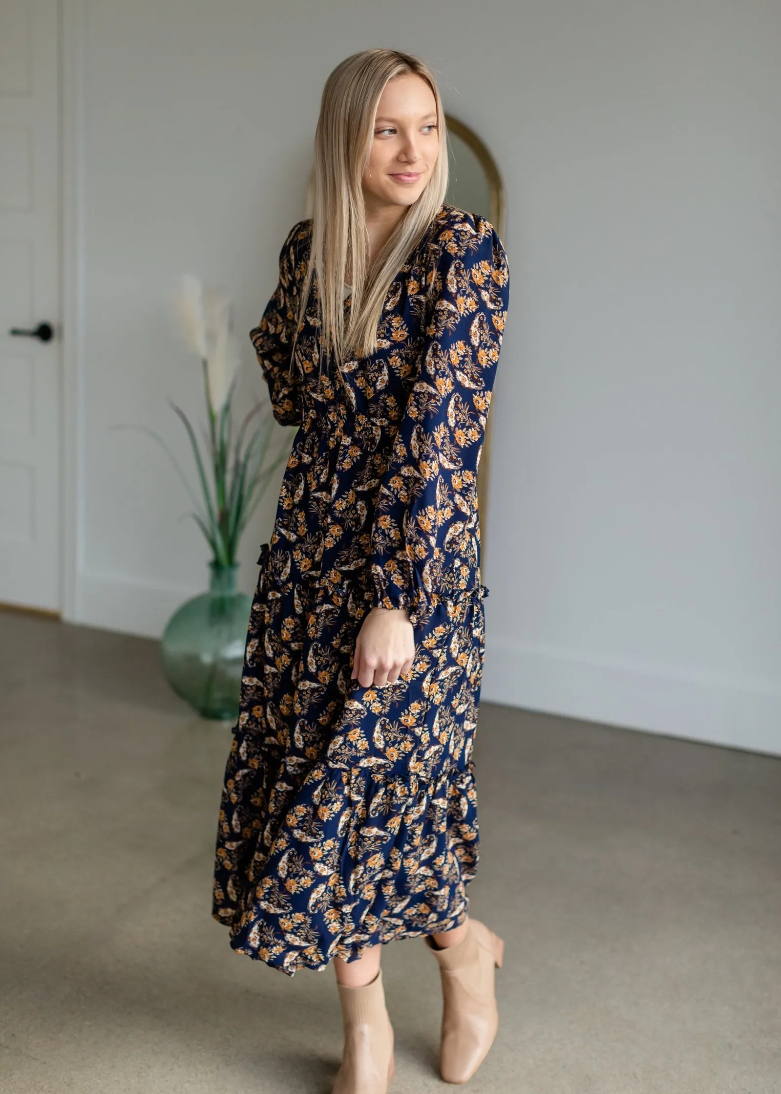 Navy V-Neck Floral Paisley Print Long Sleeve Dress - FINAL SALE