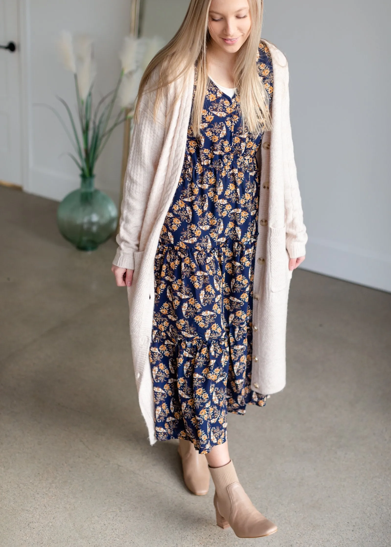 Navy V-Neck Floral Paisley Print Long Sleeve Dress - FINAL SALE