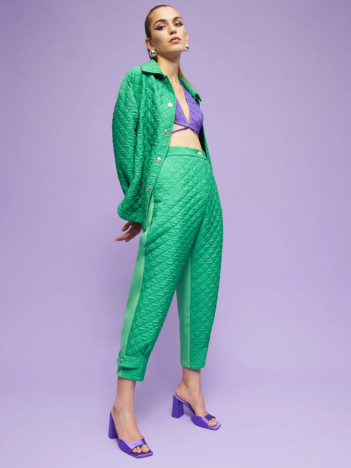 Nocturne Quilted Solid Trousers Green