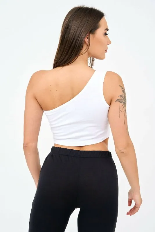 One Shoulder Sleeveless Women's Crop Top in White!