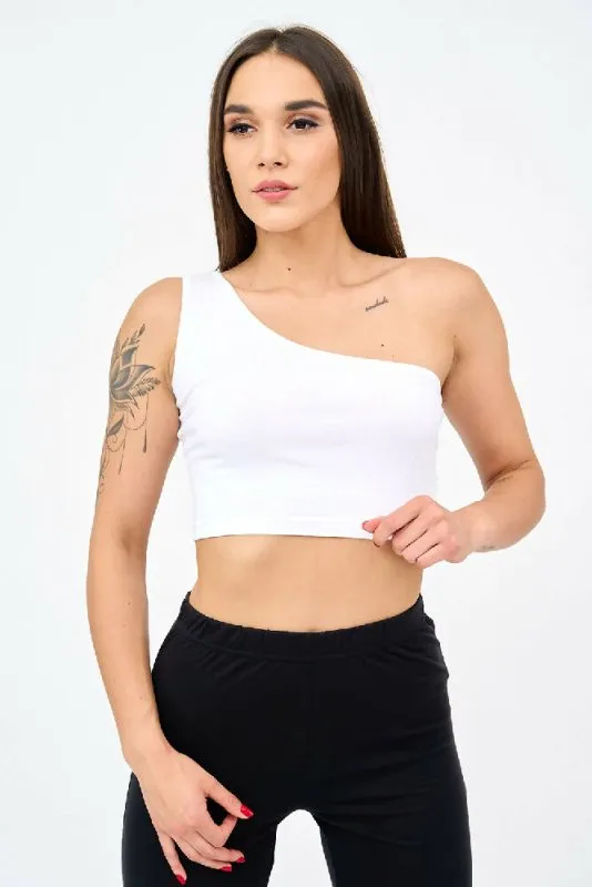 One Shoulder Sleeveless Women's Crop Top in White!