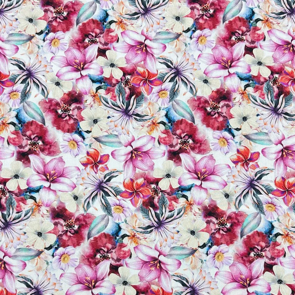 Pink Flower Haven Viscose Challis Fabric