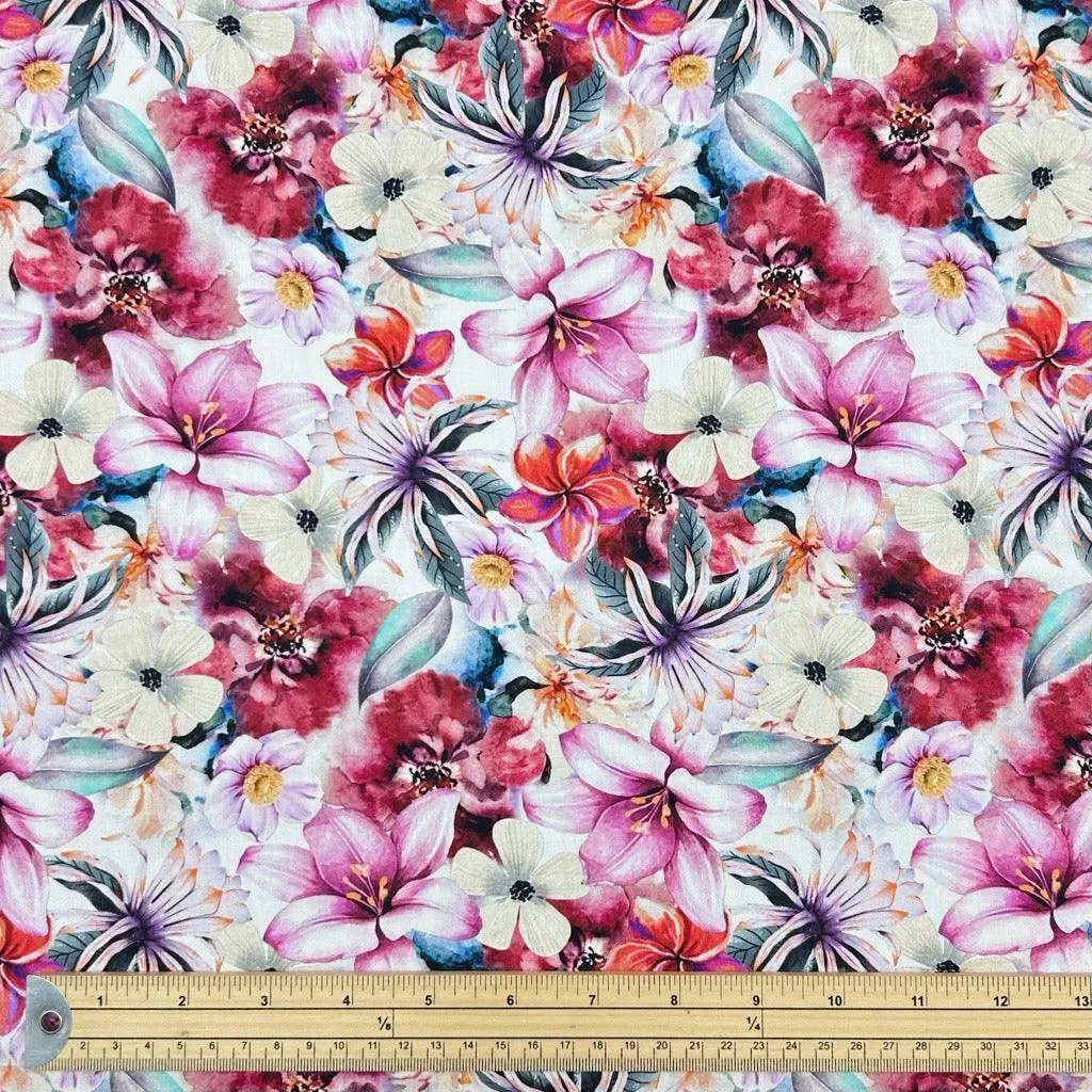 Pink Flower Haven Viscose Challis Fabric