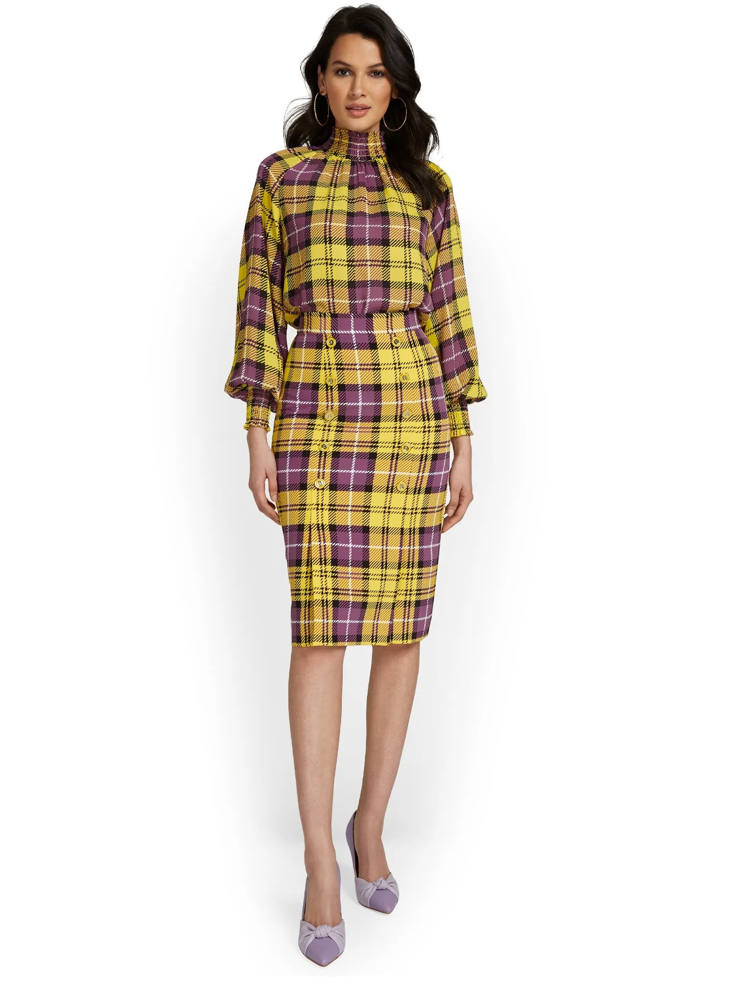 Plaid Button-Front Pencil Skirt