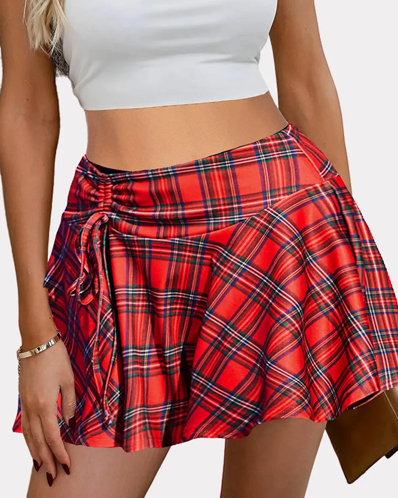 Plaid Mini Skirt Pleated Drawstring Skirts