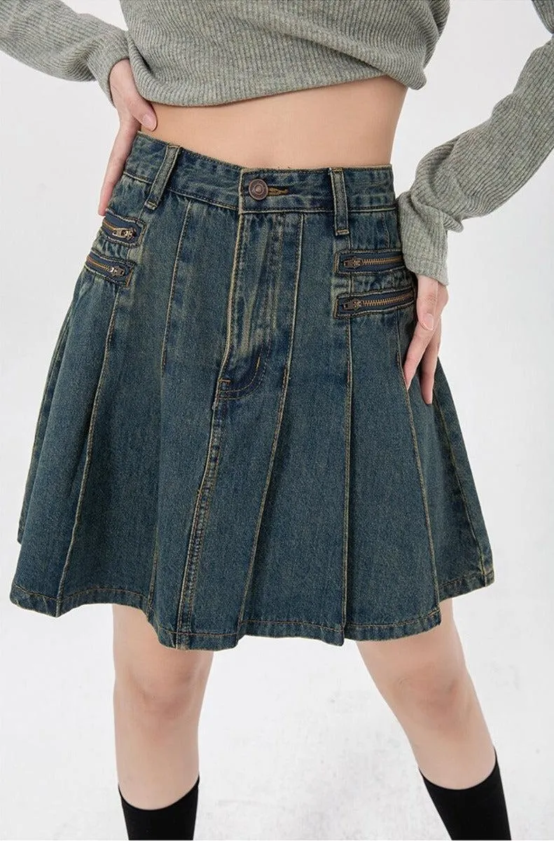 Pleated Denim Mini Skirt