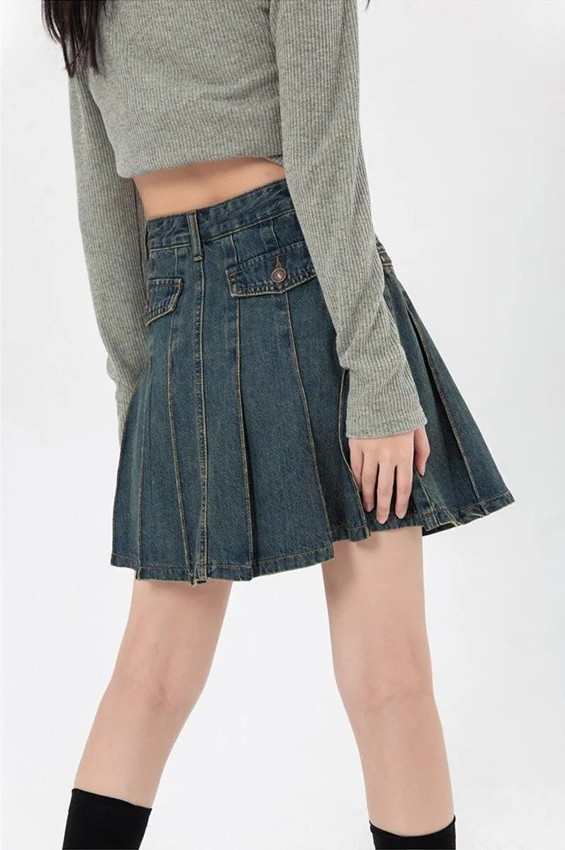 Pleated Denim Mini Skirt