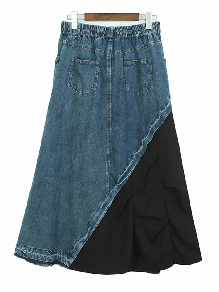 Pre Order:  Dual Fabric Spliced Denim Skirt