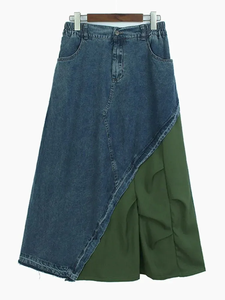 Pre Order:  Dual Fabric Spliced Denim Skirt