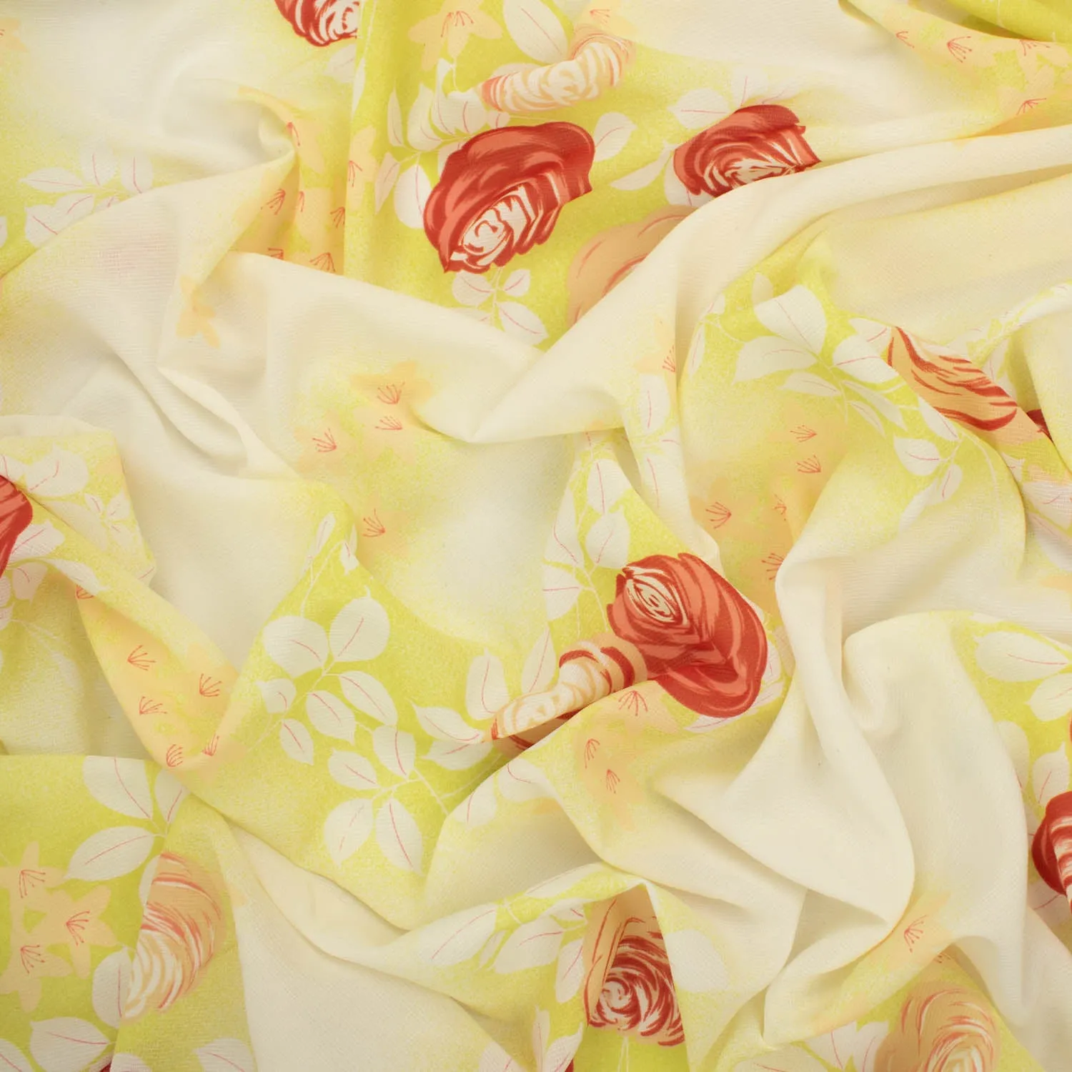 Printed Chiffon Design-14 Red & Beige Roses on Yellow