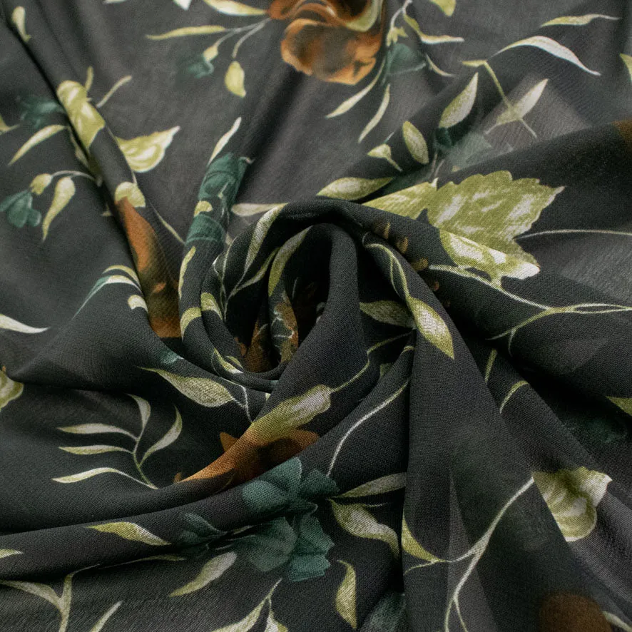 Printed Chiffon Design-236 Brown Flowers & Leaves on Charcoal