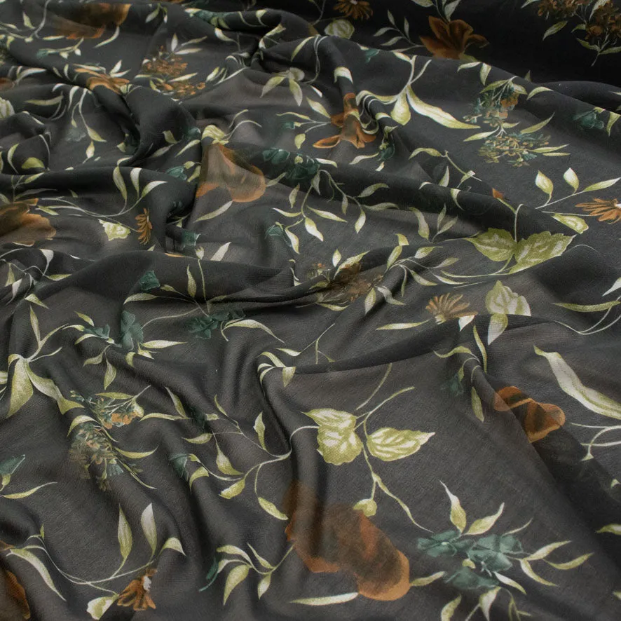 Printed Chiffon Design-236 Brown Flowers & Leaves on Charcoal