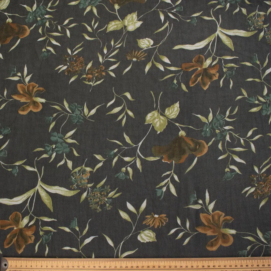 Printed Chiffon Design-236 Brown Flowers & Leaves on Charcoal