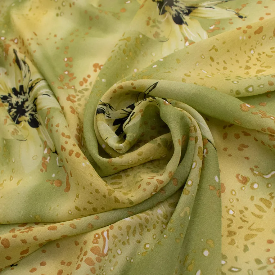 Printed Chiffon Design-241 Floral Yellow & Green Ombre Shaded