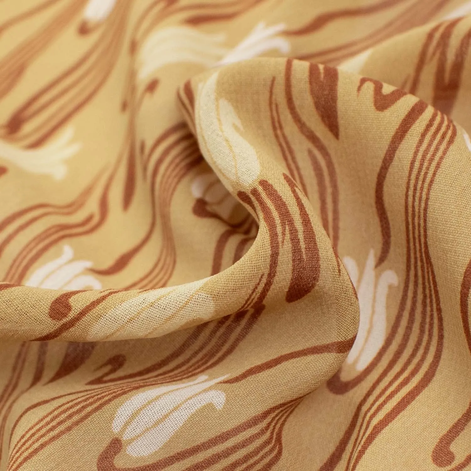 Printed Chiffon Design-7 Brown & White Floral Vines on Beige