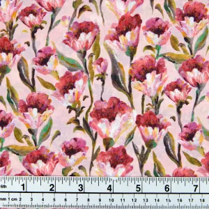 Printed Cotton Voile Fabric, Pink Red Flowers - Width 140cm