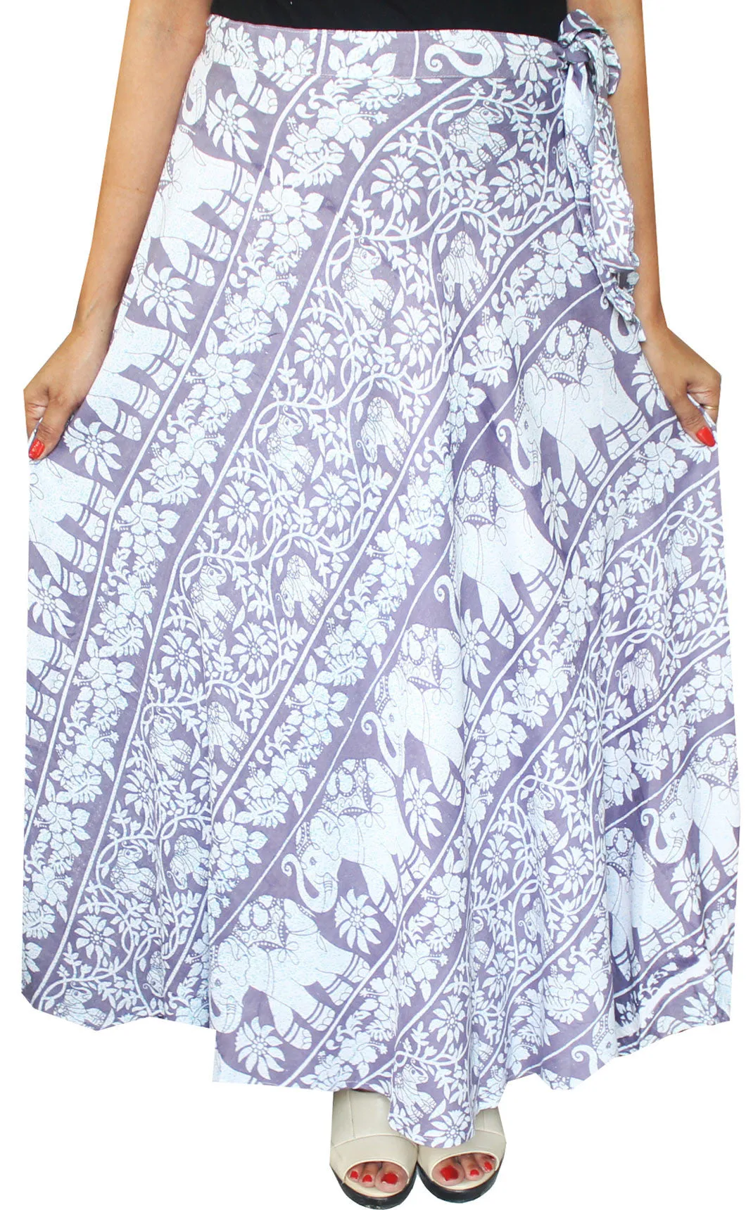 Printed Long Rayon Wrap Around Skirt India Women (Blue)