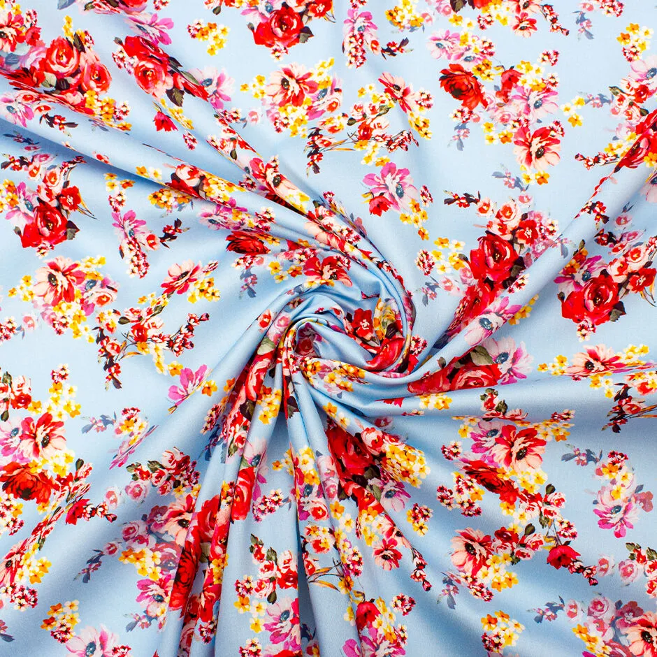 Red, Yellow & Pink Pansy Floral Printed Blue Cotton