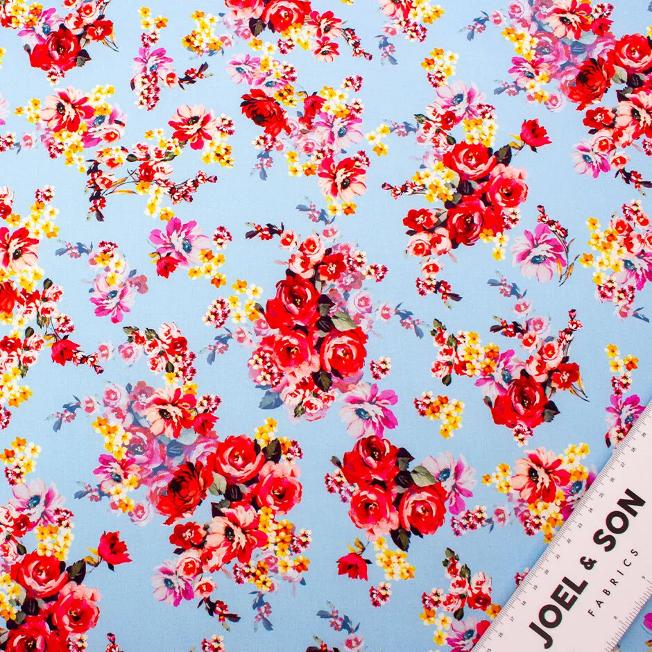 Red, Yellow & Pink Pansy Floral Printed Blue Cotton