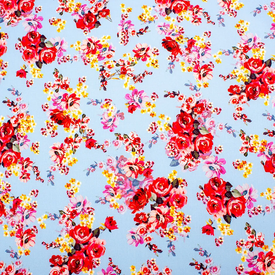 Red, Yellow & Pink Pansy Floral Printed Blue Cotton